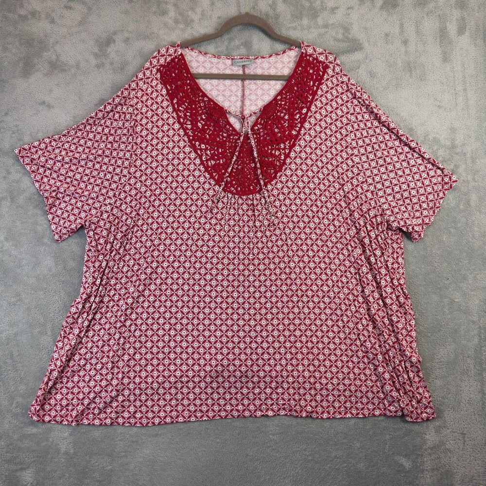 Catherines Blouse Womens 5X Red Paisley Crochet Neckline Keyhole Tunic Plus Top